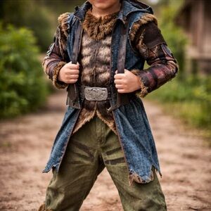 Teetot Boys Girls Costume Set Wolf Fur‎ Accents Belt Pouch Knife Sheath Size 5-6